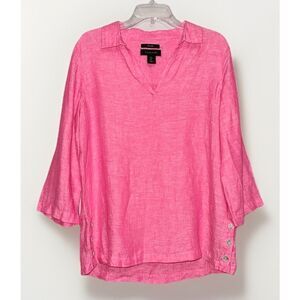 Tahari Linen Tunic Large Pink Popover Casual Office Classic Buttons Lightweight